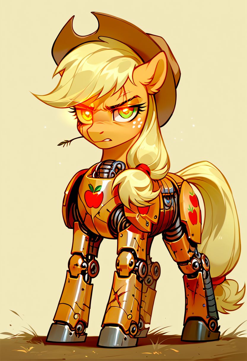 score_9, score_8_up, score_7_up, source_pony, solo, Applejack, looking at the viewer, (robotizised armor, cyborg leg, glowing eye:1.4), (feral pony:1.5), scar over one eye, tired, annoyed, tooth pick,simple background, (detailed image, high resolution, 5k resolution:1.0), (horror art style:1.1)