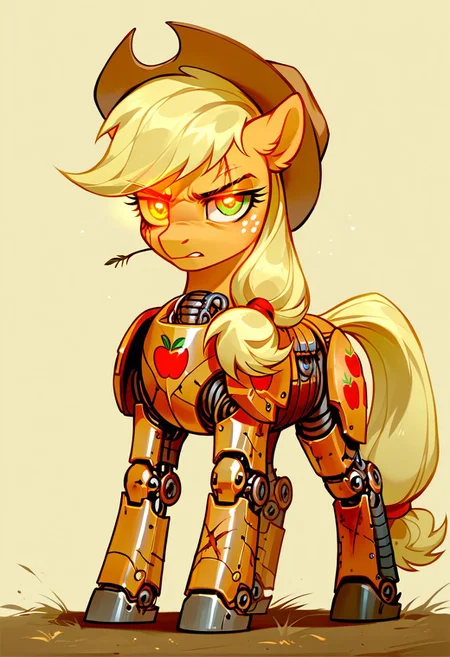 score_9, score_8_up, score_7_up, source_pony, solo, Applejack, looking at the viewer, (robotizised armor, cyborg leg, glowing eye:1.4), (feral pony:1.5), scar over one eye, tired, annoyed, tooth pick,simple background, (detailed image, high resolution, 5k resolution:1.0), (horror art style:1.1)