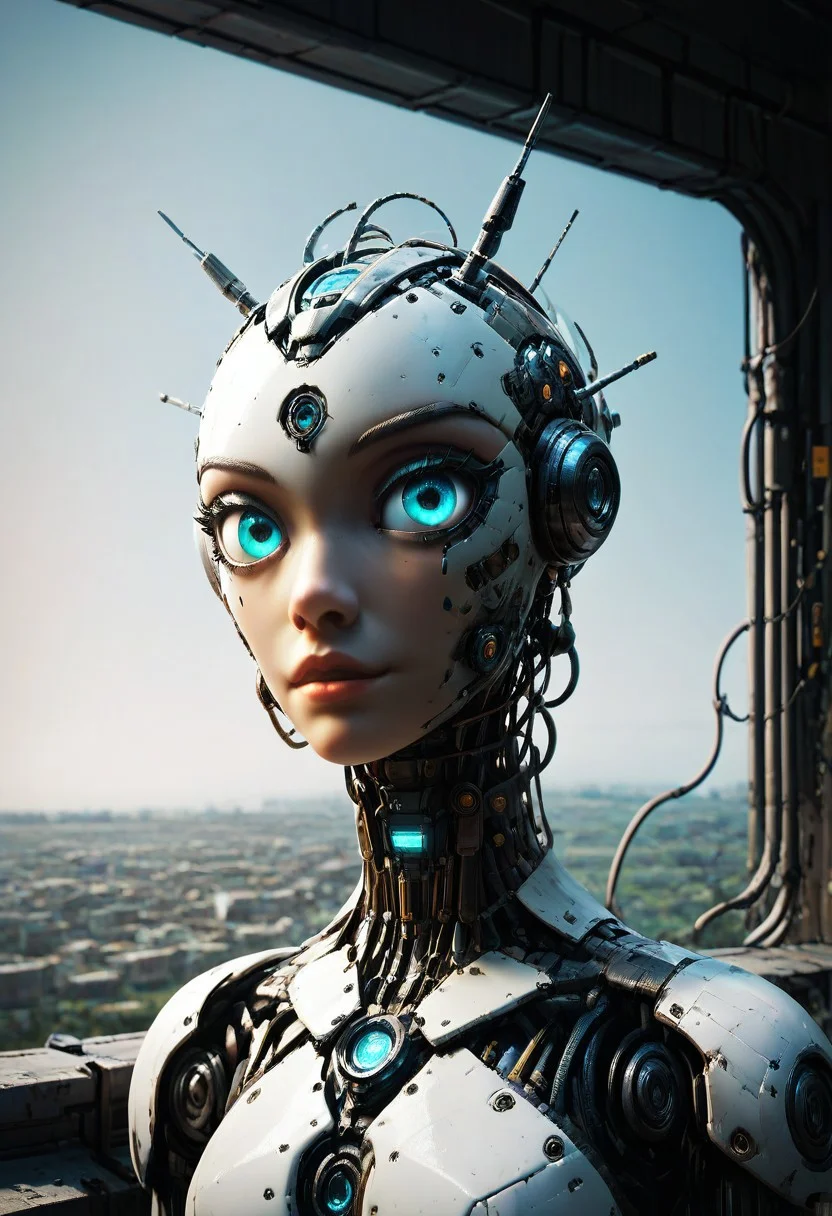 masterpiece,best quality,amazing quality,very aesthetic,high resolution,ultra-detailed,absurdres,newest,scenery,depth of field,scenery,volumetric lighting, beautiful, looking at you, score_9, score_8_up, score_7_up,evi@decrepPunk, robot