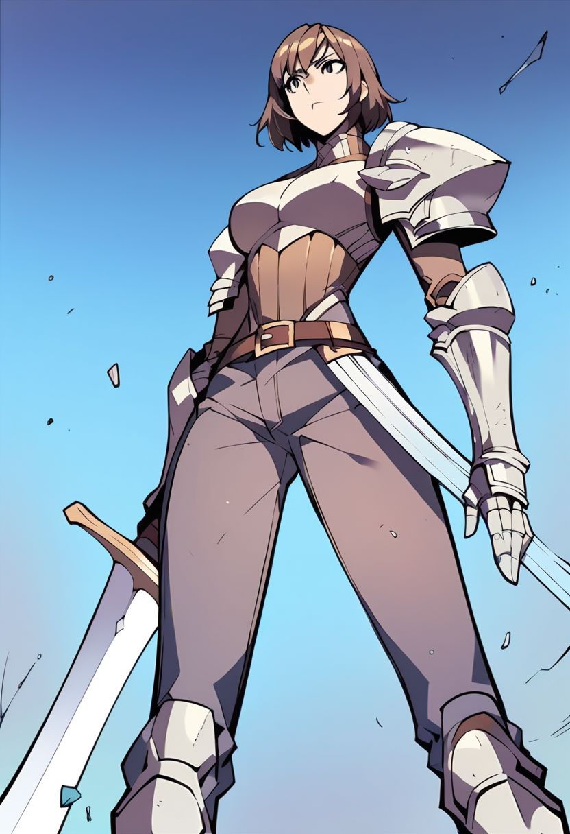 score_9,score_8_up,score_7_up,score_6_up, easynegative, Magnus_PS, 1girl, short hair, brown hair, weapon, sword, gauntlets, breasts, from below, pants, shoulder armor, epiCPhoto