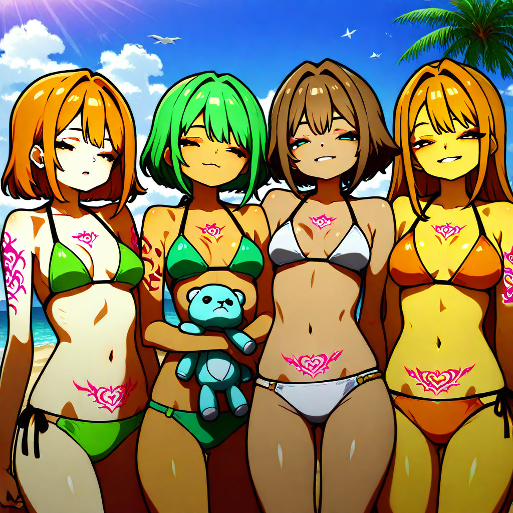 bikini, outdoors, brown hair, cadmium orange hair, tangerine orange hair, green hair, sky, Mid-closed eyes, stuffed toy, tattoo, Looking at viewer