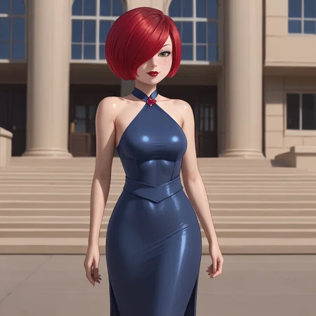 <lora:magicianladybug_pony_v1:.7> MagicianLadyBug, 1girl,  short hair,  hair over one eye, red hair, lipstick, makeup, cowboy shot, <lora:0932 Home wear 9_v1_pony:1> ruanyi0932,blue dress,halter dress,sleeveless,cowboy shot,taut dress,skin tight,long dress