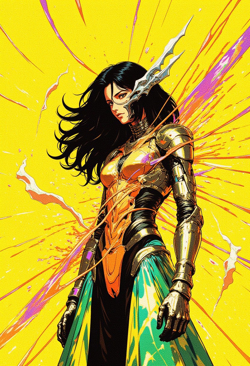 This digital artwork presents a surreal, avant-garde fashion illustration of a young woman, with exaggerated long hair, caught in an intricate web of aggressive, 10,000 of iridescent lines designed by Noir Flux for their 2024 collection. She stands with fierce confidence, her slender figure draped in the "Celestine Veil", a metallic bodysuit with a high-neck collar, blending armor-like structure with futuristic elegance. The bodysuit's surface shifts between electric yellow and molten gold, as the aggressive iridescent lines of turquoise, coral, and violet cut through the composition, adding dynamic, almost chaotic movement. Oversized geometric fabric panels hang asymmetrically from her waist, floating in dramatic sculptural form, while sleek, reflective gloves extend past her elbows, bringing fluidity to the harshness of the design. Her head is crowned with a sharp, metallic piece, its jagged filaments of light slicing outward in a sharp contrast to her tousled, natural hair. The background, a bright, radiant yellow gradient, intensifies the vivid hues of her outfit, while the composition’s harsh lines and vibrant contrasts embody an aggressive fusion of fashion, art, and technology. This powerful combination of modern aesthetics and futuristic design creates an evocative, high-energy work of art.