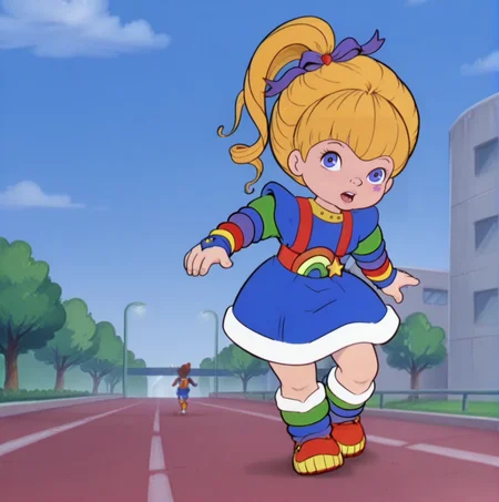 <lora:Rainbow Brite Illustrious 1:1>, rainbow brite running towards the viewer running along a rainbow
