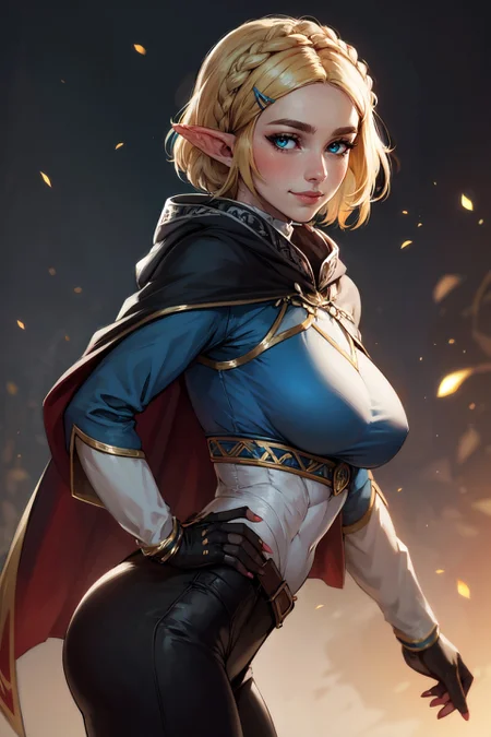 (realistic:1.5), beautiful futanari, (from side:1.2), mature, age 21, (small penis, erection:1.5), (precum drip:1.3), (testicles:1.0), (cum on penis:1.1), leaning back, small demure smile, (slim, slender, skinny:0.9), narrow hips, slender thighs, large breasts, playful, (clothing aside:1.1), highly detailed background, (OverallDetail:1.1), EyeDetail, fFaceDetail, fHandDetail, HairDetail, looking at viewer, sexy, provocative, flushed cheeks, blush, after sex glow,  princess_zelda_aiwaifu, aiwaifu, small ears, pointy ears, braid, hair ornament, hairclip, gloves, fingerless gloves, blue shirt, shirt, long sleeves, crown braid, bangs, pants, black gloves, green eyes, parted bangs, black pants, blonde hair, short hair, long hair, cape, sidelocks, hood, thick eyebrows, jewelry, hooded cape, belt, tight pants, tight, large breasts, puffy sleeves, <lora:GAME_princess_zelda_aiwaifu-10:0.7>