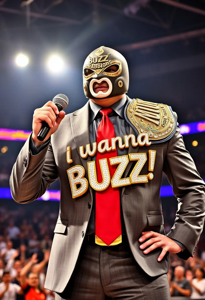 A powerful luchador in a sleek, tailored gray suit with a red tie stands confidently in the center of a roaring arena. He holds a microphone in one hand, mid-speech, passionately declaring the words 'I wanna BUZZ!' in bold, dynamic lettering that seems to echo through the scene. Over his shoulder rests a stunning championship belt, adorned with gold letters forming the words 'BUZZ babbions' and encrusted with sparkling diamonds. His mask, matching the elegance of his suit, features subtle gold details. The bright arena lights and cheering crowd create an electric, triumphant atmosphere as the luchador exudes determination and charisma.