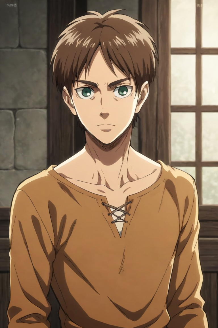 score_9, score_8_up, score_7_up, score_6_up, score_5_up, score_4_up, BREAK source_anime, 1boy, solo, male focus, , <lora:Eren_Yeager_PonyXL:0.82>, eren_yeager, brown hair, green eyes, , , <lora:sdxl_lightning_8step_lora:1>
