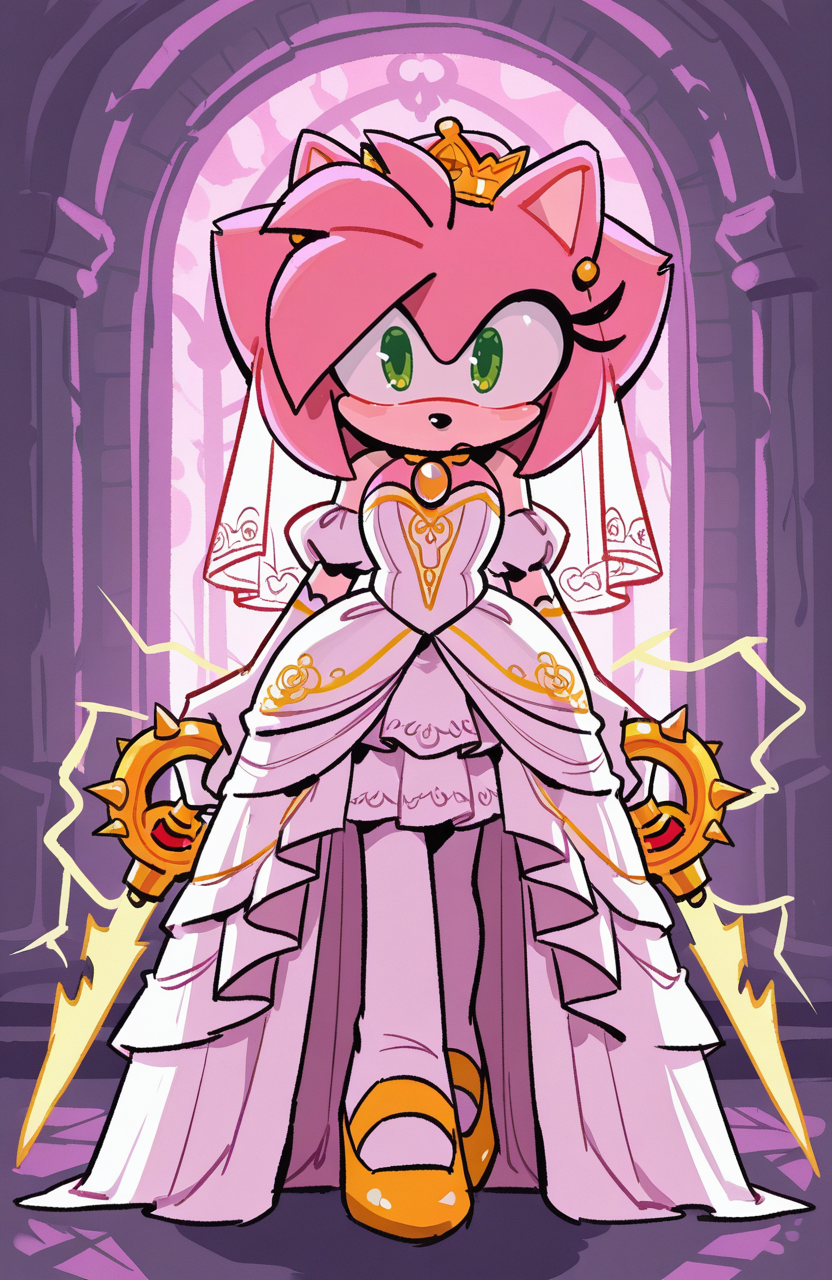 1girl, solo, <lora:knuxze:1> knuxze,
<lora:CandyCatAmy-IL:0.6> amy rose, pink fur, green eyes, princess bride outfit, lace trim, long gloves, layered skirt, pantyhose, jeweled crown, (long shot), forging weapons, detailed face, located in a ruined world at a desolate bridge during midday with radioactive weather, illuminated by lightning flashes, creating a harsh,foreboding atmosphere, extremely detailed, highres, masterpiece, best quality