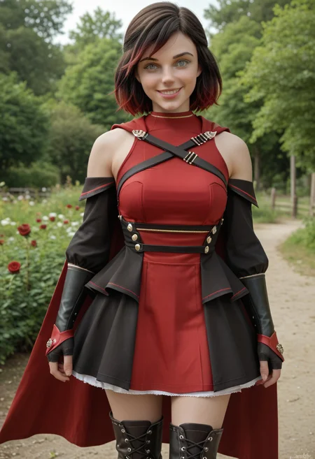score_9, score_8_up, score_7_up,, high res ima , source_photo, source_real, (realistic:1.4),
,
1girl, cowboy shot, solo, outdoors, smile, looking at viewer, <lora:Summer_Rose_-_IL:0.8> SummerRose_RWBY, short hair, black hair,gradient hair, grey eyes, fingerless gloves, detached sleeves, bare shoulders, red dress,pantyhose, red cape, boots, masterpiece, best quality, good quality, newest