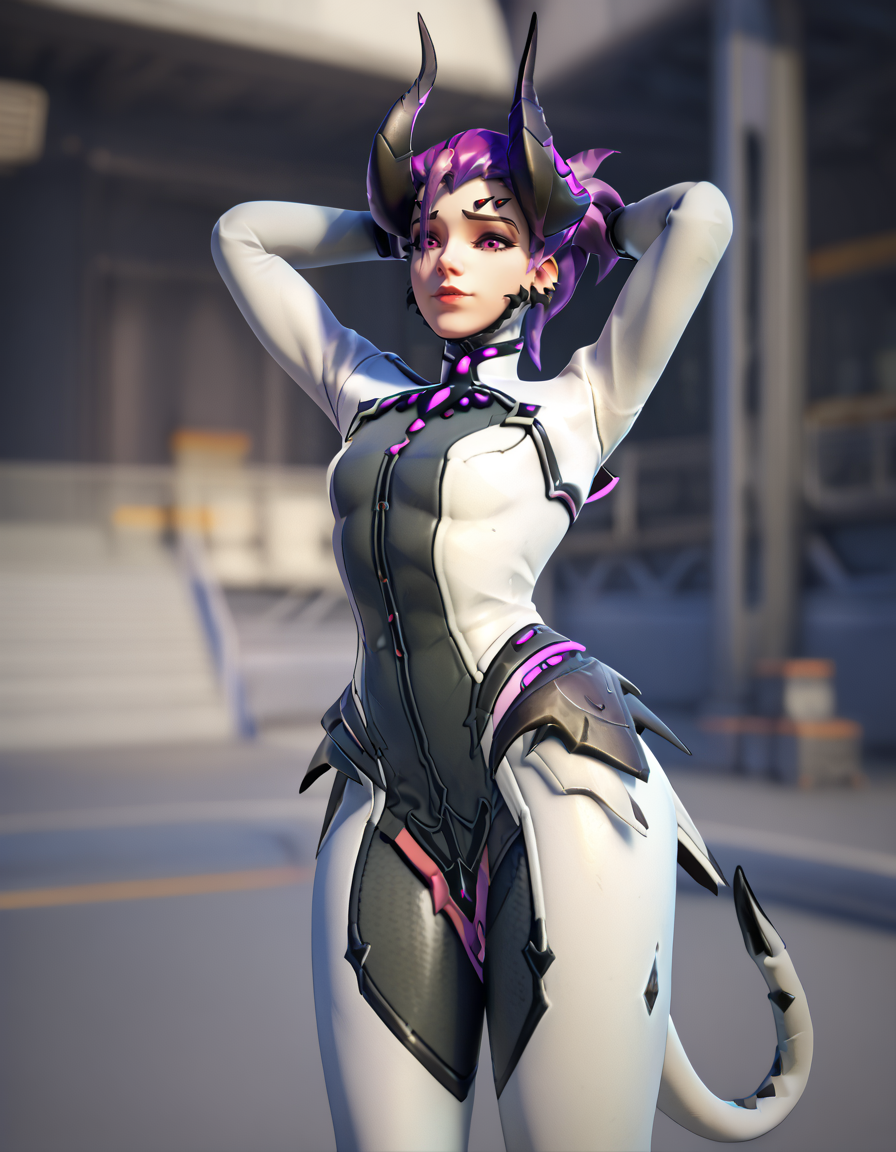 score_9, score_8_up, score_7_up, Masterpiece, high-res, 2k, best quality, 3d, 1girl, mercy (overwatch), imp mercy , purple hair , white bodysuit, tail  <lora:Devil_imp_mercy_pony-000040:1> Standing with arms raised to the sides palms up