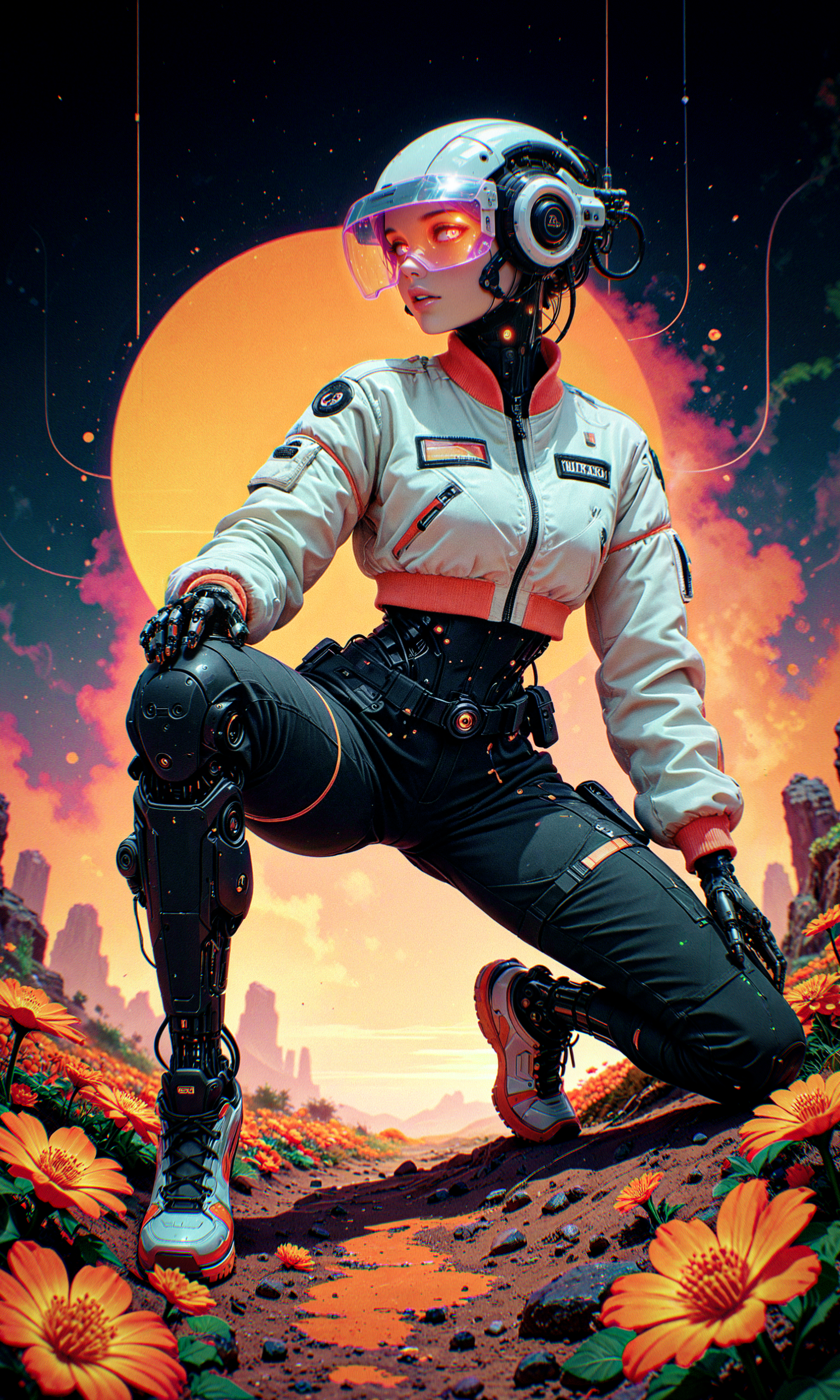 masterpiece, best quality, amazing quality, very aesthetic, absurdres, newest
stylized anime illustration, high-detail digital painting, dynamic angle
humanoid robot, see-through holographic visor, crop bomber jacket, black cargo pants, vibrant orange flower, dynamic pose, hips slightly turned, dynamic poses, crouching
blend of organic and mechanical elements, intricate wiring, soft fabric folds, warm color palette, contrast between technology and nature
solid backdrop, minimalistic composition, dappled light, subtle shadows, clean and modern
in the style of cksc, in the style of cknc, in the style of ck-rw, mcnm <lora:reij-detaILer v2:0.4> <lora:spo_sdxl_10ep_4k-data_lora_webui:0.8> <lora:ck-shadow-circuit-IL-000012:0.5> <lora:ck-nc-cyberpunk-IL-000011:0.6> <lora:ck-neon-retrowave-IL-000012:0.2> <lora:Mechanism-Illustious:0.15>