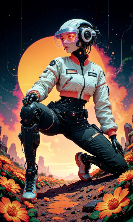 masterpiece, best quality, amazing quality, very aesthetic, absurdres, newest
stylized anime illustration, high-detail digital painting, dynamic angle
humanoid robot, see-through holographic visor, crop bomber jacket, black cargo pants, vibrant orange flower, dynamic pose, hips slightly turned, dynamic poses, crouching
blend of organic and mechanical elements, intricate wiring, soft fabric folds, warm color palette, contrast between technology and nature
solid backdrop, minimalistic composition, dappled light, subtle shadows, clean and modern
in the style of cksc, in the style of cknc, in the style of ck-rw, mcnm <lora:reij-detaILer v2:0.4> <lora:spo_sdxl_10ep_4k-data_lora_webui:0.8> <lora:ck-shadow-circuit-IL-000012:0.5> <lora:ck-nc-cyberpunk-IL-000011:0.6> <lora:ck-neon-retrowave-IL-000012:0.2> <lora:Mechanism-Illustious:0.15>