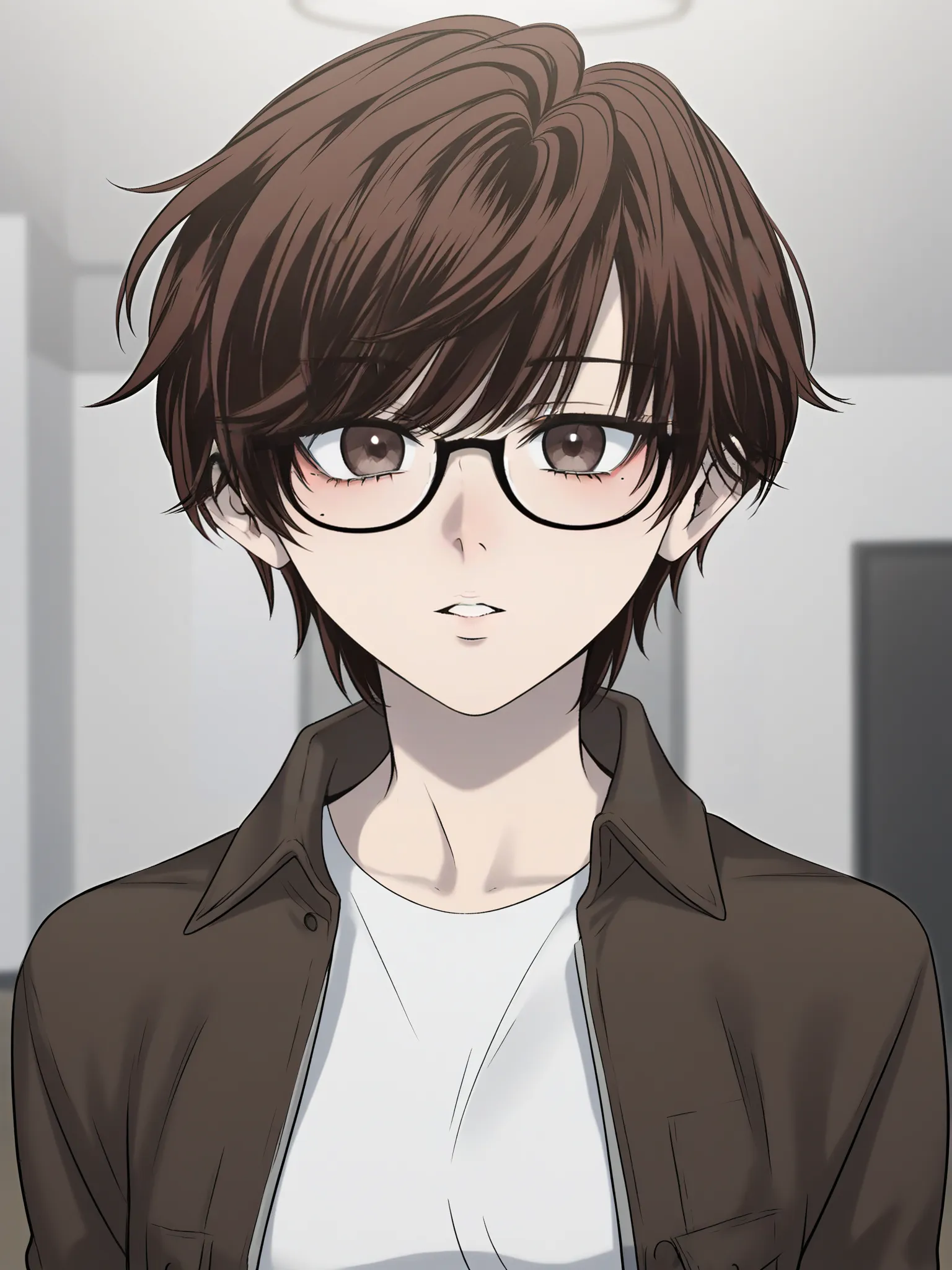 uncensored, score 9 up, score 8 up,
 <lora:The_Guy_Upstairs_Rozana_Rozy_Character_PonyXL:1>,rozana_rozy, brown eyes, brown hair, glasses, short hair, black-framed eyewear, upper body, long sleeves, , open clothes, white shirt, mole under eye, parted lips, indoors, open jacket, 1girl, leotard, looking at viewer, cameltoe, standing,