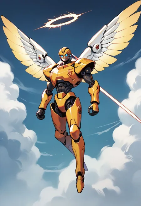 score_9, score_8_up, score_7_up,score_6_up, score_5_up, score_4_up,source_anime,retro artstyle,halftone effect,epic,intricate linework,solo,no humans,a biomechanical golden armored angel with energy wings and a mechanical halo and a robotic head and tubes and mechanical joints and glowing blue eyes holding a lance and flying in the sky,sky,flying,clouds,full body,1boy,creature