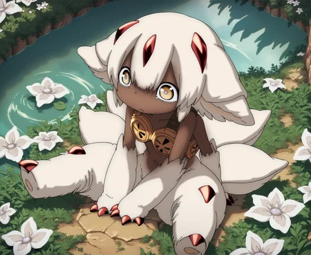 score_9, score_8_up, score_7_up, score_6_up, score_5_up, score_4_up, source_anime, full-length portrait, high-angle view BREAK mfaputa, arthropod, nude, 4 arms, red claws, metal bra, sitting, spread legs, hands on ground, looking up, curious, cute, grass, white flower, bush, river, detailed background, clutter, dynamic, intricate <lora:Made In Abyss - CharactersXL v0.6b-000005:1> <lora:zy_Detailed_Backgrounds_v1:0.75>