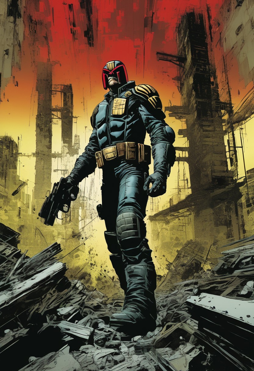 score_9, source_comic, (Part 1 above, Part 2 below) BOOK OF THE SIMON BISLEY, art station, BANDE DESSINÉE story transcription, full color. (Judge Dredd),vector