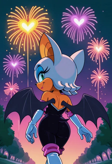 solo, rouge the bat, bat wings, idwrouge, kftlove, back view, looking back at viewer, smile, park, outdoors, dutch angle, low angle, from below, night, night sky, (heart fireworks:1.3)