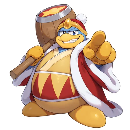 <lora:King_Dedede_Kirby_-_Lora:1> 1boy, dedede, hat, red coat, belly belt, robe, gloves, holding object, hammer, pointing at viewer, white background, smirk, teeth, full body, (masterpiece, masterwork:1.2)