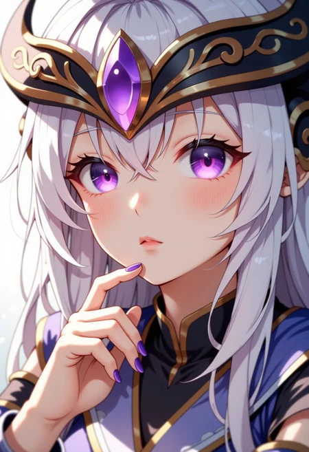 hyperrealistic digital painting, shallow depth of field, realistic anime, bokeh, lifelike anime woman Syndraa, closeup on cute face and body, eyes, lips, light and shadows on face, Syndraa, purple eyes, white hair, she is wearing an ornate headpiece with a purple gem in the middle, shy innocent face