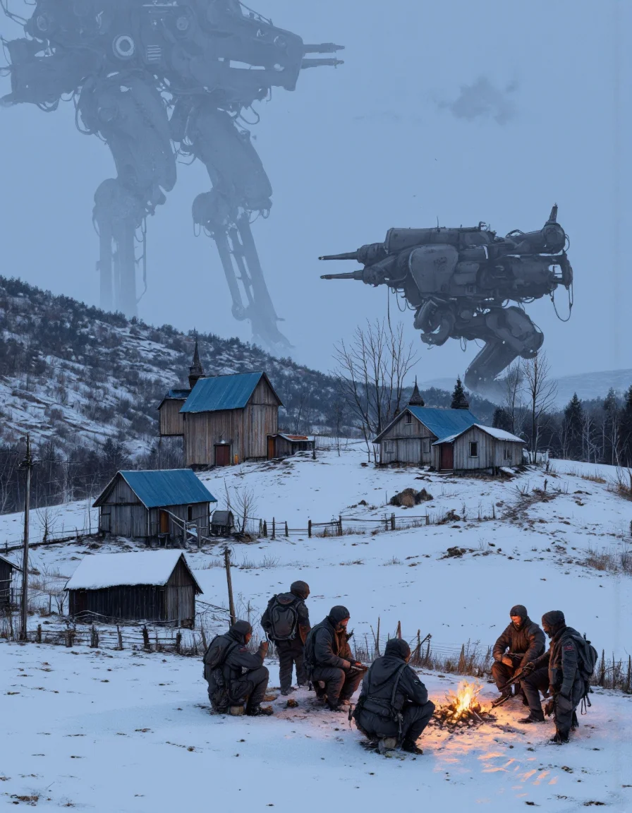 By Jakub Rozalski. A digital illustration shoot from a far camera angle about a snowy landscape with a group of soldiers and a large, black, futuristic-looking machine-like structure is visible in the background. the scene is set in a rural area with snow-covered hills and wooden buildings with blue roofs. the sky is a hazy blue with a few clouds, and the ground is covered in a thick layer of snow. on the left side of the image, a large, imposing futuristic-looking machine-like is visible in the distance. in the foreground, a few soldiers are standing around a campfire, some sitting and some standing, with some holding rifles. the soldiers are dressed in dark clothing, and they appear to be engaged in a tactical situation. the campfire is lit, casting a warm glow on the soldiers and the surrounding area. the overall atmosphere is cold and foreboding, with the scene taking place during the winter months.