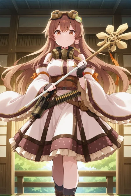 absurdres, highres, masterpiece, best quality, amazing quality, official anime artwork, screencap, anime screencap, indoors, light smile, looking at viewer,
<lora:Sanae-Kochiya_IllustriousV2:1> kochiya sanae, 1girl, solo, brown eyes, brown hair, long hair,, brown frog ornament, brown snake ornament, kochiya sanae \(legacy of steel and steam\), alternate costume, alternate eye color, alternate hair color, goggles on head, brown goggles, gas mask, bare shoulders, sleveless top, white top, frilled sleeves, detached sleeves, wide sleeves, white sleeves, black gloves, fingerless gloves, holster, ammunition belt, white skirt, frilled skirt, black socks, brown boots, holding staff,