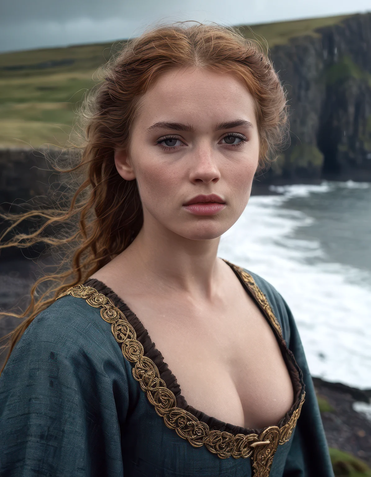 award winning film still of the Scottish coastline, photographic close-up face shot portrait of a seductive Scottish young woman, alone, medieval dress, stormy overcast weather, intricately detailed, depth of field, dramatic backlighting, cinematic LUT, film grain