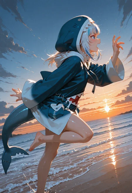 ((semi realistic)), (masterpiece, best quality, amazing quality), very aesthetic, ultra detailed, highly detailed, intricate details, absurdres, (volumetric lighting, HDR), dynamic angle, (from side:0.5), (from above:0.8), ((solo)), 1girl, gawr gura /(hololive/), 1st costume, shark shaped hood, in beach, jumping, sunset, light from horizon, one leg up horizontally, one hand up ,Palm facing forward, fingers bented slightly, yelling,