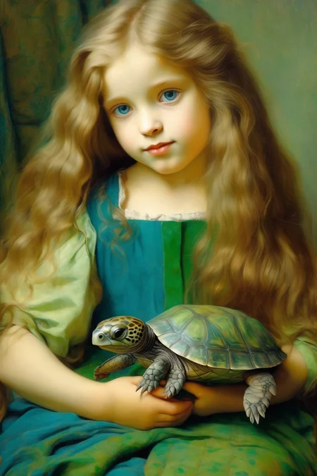 <lora:Sophie Gengembre Anderson Style:1>Sophie Gengembre Anderson Style - An 8-year-old girl with long hair, blue-eyed side, green side, holding a kitten and a baby turtle.