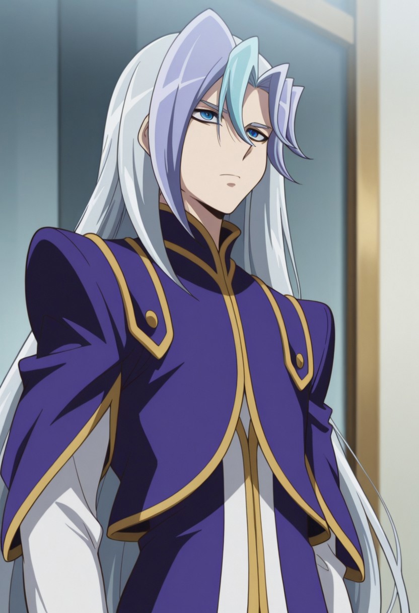 masterpiece,best quality,amazing quality, source_anime, 
chrisArclight, 1boy, male focus, solo, blue eyes, multicolored hair, grey hair, blue hair, long hair, shirt, white shirt, coat, purple coat, short over long sleeves,
