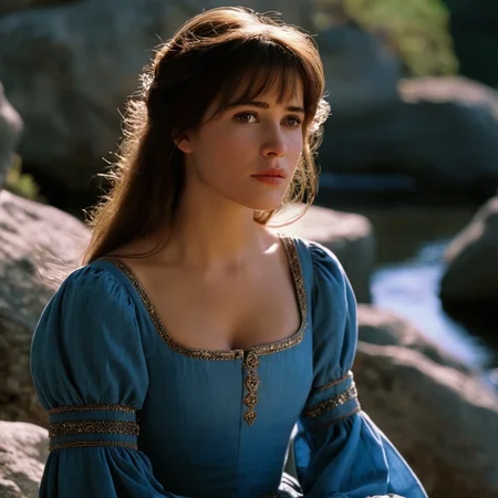 UHD, 4k, ultra detailed, cinematic, a photograph of <lora:detailed:0.2>
<lora:perfection style:0.2>
<lora:Ron Fricke style:0.1>
<lora:Braveheart film style:0.8>
In 1280 Sophie Marceau Princess Isabelle a woman in a blue dress sitting on a rock,1girl,solo,looking at viewer,brown hair,black hair,long sleeves,brown eyes,closed mouth,upper body,blurry,lips,blurry background,head rest,realistic,fine art parody , 13th century, cinematic, kodak, Braveheart film style, epic, beautiful lighting, inpsiring