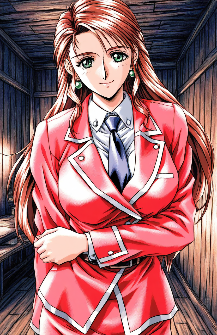 general,highres, ultra-detailed,very aesthetic,best quality ,best hands, BREAK <lora:Takashima_Kumi_isaku_PC98_IS:1>
Takashima_Kumi(isaku_PC98), 1girl,solo, long hair, brown hair, earrings, large breasts, jewelry, green eyes,
 necktie, pink  jacket, upper body, formal, shirt, suit, 
smile,looking at viewer, cowboy_Shot,
wooden room, dark room,  standing,