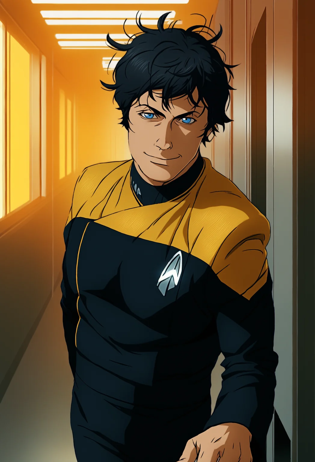 score_7_up,solo,1boy,messy hair,black hair,smirk,blue eyes,walking,corridor,windows,futuristic,metallic,silver,
pcdst,Star trek uniform,yellow,yellow shoulders,black jumpsuit
,<lora:PicardPony-000050>