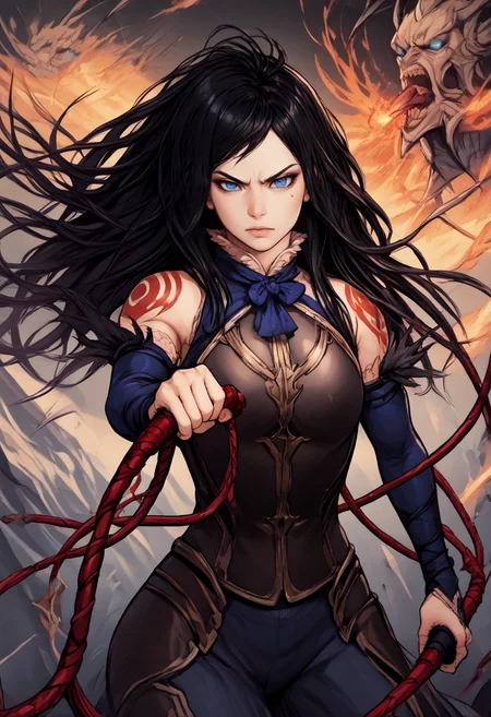 score_9, score_8_up, score_7_up, BREAK, score_9, <lora:pony_good_hands:1>, <lora:whip:1>, <lora:shanoa:1> shanoa, long hair, black hair, blue eyes, tattoo, good_hands, holding whip, fighting stance, whipping, absurdres,