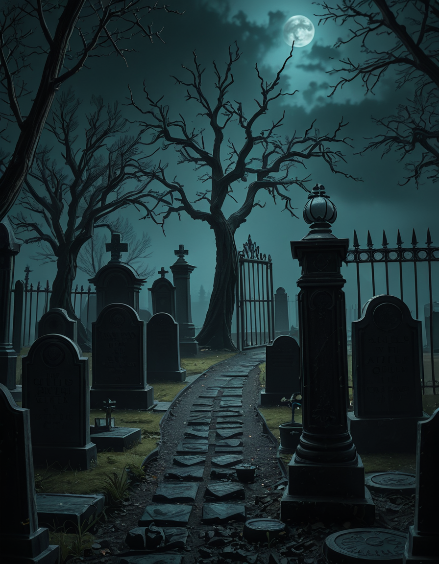 A dark and eerie cemetery shrouded in mist, with ancient, weathered tombstones covered in moss. The scene is dimly lit by a pale, ghostly moonlight filtering through twisted, leafless trees. Cracked stone pathways lead through the graveyard, partially hidden by overgrown grass and creeping ivy. A few old, gothic-style mausoleums stand in the background, their iron gates slightly ajar, adding to the mysterious and haunting atmosphere. Wisps of fog swirl around the gravestones, enhancing the eerie mood. The overall color palette consists of deep blues, grays, and muted greens, creating a cold and unsettling ambiance. The image is highly detailed and photorealistic, capturing the textures of the aged stone, the fogâs movement, and the ominous shadows stretching across the ground. 
<lora:SDXLFaeTastic2400:0.4> <lora:extremely_detailed:0.4> extremely detailed,<lora:33r13_c3m3t3ry-ill:1>,33r13 c3m3t3ry, Masterpiece,best quality,hi res,8k,hi res,8k,award winning,(sharp focus, intricate, highly detailed),