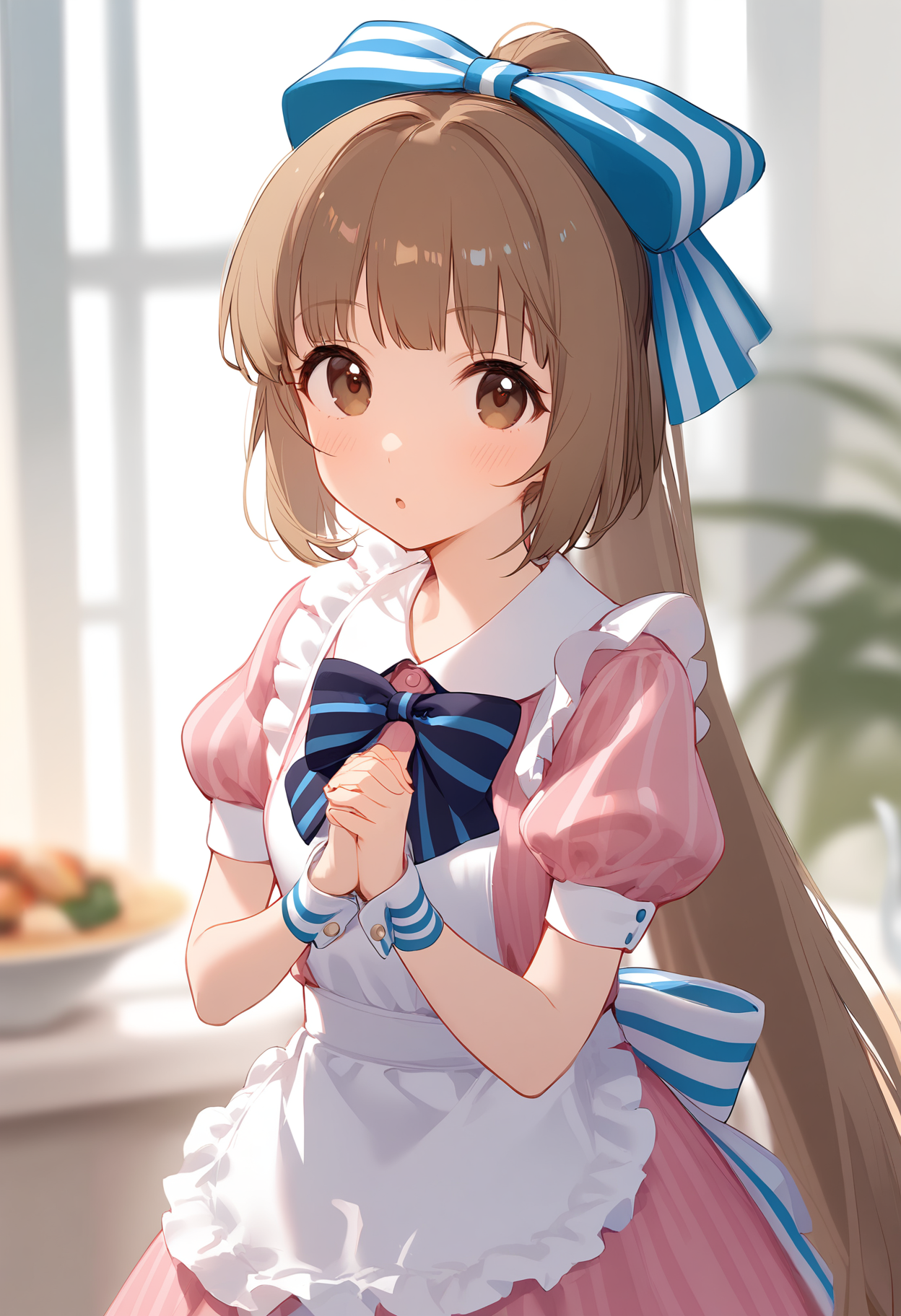 1girl,
yorita yoshino,


blush, parted lips, blurry, blue bow, short sleeves, wrist cuffs, solo, sunlight, striped bow, hands up, day, frilled apron, standing, blue bowtie, white apron, dress, indoors, very long hair, bow, striped, pink dress, ponytail, bowtie, puffy sleeves, brown hair, frilled dress, hair bow, frills, puffy short sleeves, long hair, own hands together, brown eyes, depth of field, blurry background, looking at viewer, apron, :o,

sfw
<lora:a31_char_new_yorita_yoshino-000016:1> <lora:a31_style_koni-000010:0.8>