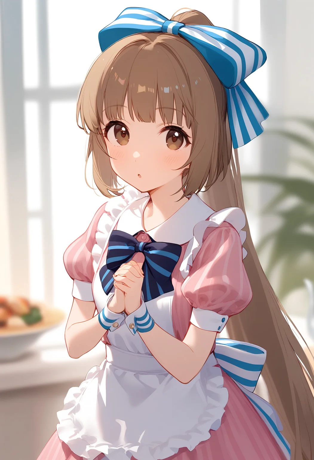 1girl,
yorita yoshino,
blush, parted lips, blurry, blue bow, short sleeves, wrist cuffs, solo, sunlight, striped bow, hands up, day, frilled apron, standing, blue bowtie, white apron, dress, indoors, very long hair, bow, striped, pink dress, ponytail, bowtie, puffy sleeves, brown hair, frilled dress, hair bow, frills, puffy short sleeves, long hair, own hands together, brown eyes, depth of field, blurry background, looking at viewer, apron, :o,
sfw
<lora:a31_char_new_yorita_yoshino-000016:1> <lora:a31_style_koni-000010:0.8>