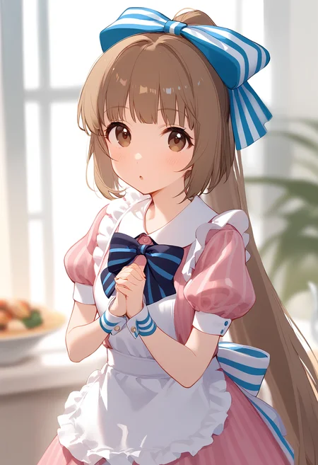 1girl,
yorita yoshino,
blush, parted lips, blurry, blue bow, short sleeves, wrist cuffs, solo, sunlight, striped bow, hands up, day, frilled apron, standing, blue bowtie, white apron, dress, indoors, very long hair, bow, striped, pink dress, ponytail, bowtie, puffy sleeves, brown hair, frilled dress, hair bow, frills, puffy short sleeves, long hair, own hands together, brown eyes, depth of field, blurry background, looking at viewer, apron, :o,
sfw
<lora:a31_char_new_yorita_yoshino-000016:1> <lora:a31_style_koni-000010:0.8>