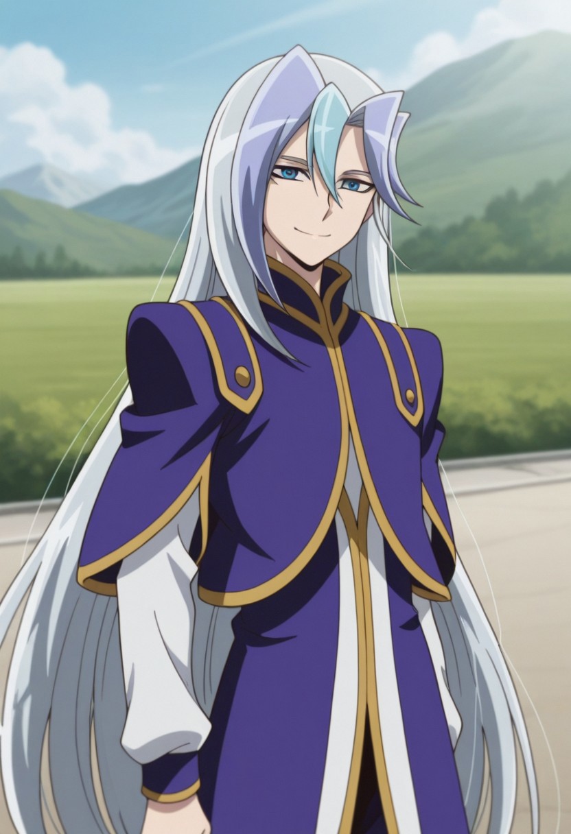 masterpiece,best quality,amazing quality, source_anime, 
chrisArclight, 1boy, male focus, solo, blue eyes, multicolored hair, grey hair, blue hair, long hair, shirt, white shirt, coat, purple coat, short over long sleeves, outdoor, smile, closed mouth,