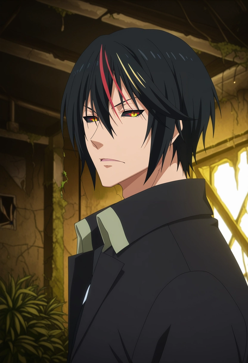 masterpiece, best quality, , anime screencap, , official style, looking at viewer, 1boy, solo, male focus, <lora:diablo_tensura_ilxl:0.98>, diablo_tensura, black hair, yellow eyes, multicolored hair, streaked hair, red hair, hair between eyes, colored sclera, black sclera, , abandoned factory, broken windows, rusted beams, overgrown plants, exploring pose, cautious expression, eerie lighting,