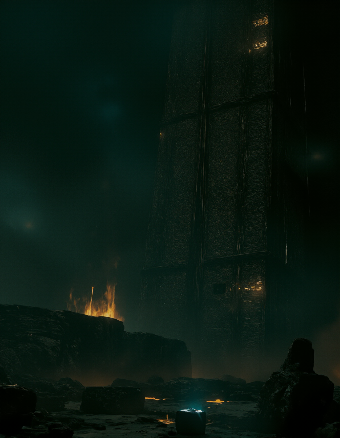 dark sci-fi picture,space horror,space odyssey,, faded colors, masterpiece, best quality, 8k, hyper detailed, best quality, ultra high res, high resolution, detailed, raw, Hollywood Cinematic Film style,epic photography,dramatic light,Kodak film style,,DarkAtmosCE style,,Blade Runner style,,anime style,<lora:Luminous_Shadowscape:0.6>,<lora:Hollywood Cinematic Film style v1:1>,<lora:DarkAtmospheric:0.6>,<lora:Blade Runner style v1:1>,<lora:anime style (Tales of black freighter) v1:1>, a tall building with a light on it's side in the rain at night with a city below,Eve Ryder,star citizen halo,concept art,brutalism,