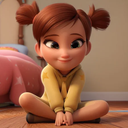 Tina Templeton, solo, DreamWorks Animation style, 3D, brown hair, twintails, black eyes, smile, sitting, female child, yellow onesie with star and moon pattern, brown hair, 1girl, yellow necktie, short hair, full body, bedroom
