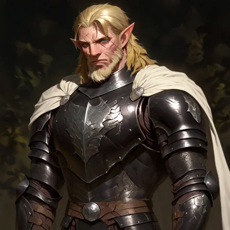 masterpiece, best quality, newest, absurdres, highres, DFAV1.5,
1boy, manly, elf, beard, muscular male, blonde, blonde hair, pointy ears, scar, scar on face, armor, cape, chestplate, chest armor, black armor, black leather, white cape,