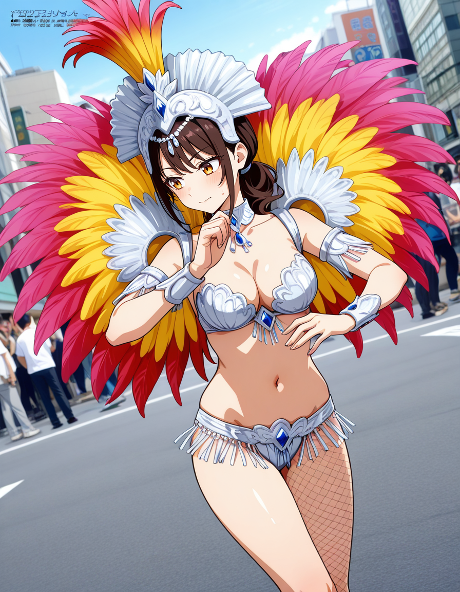 score_7_up, anime BREAK official art, solo, 1girl, one girl, 
dynamic angle, dynamic pose, megami magazine, 
BRERAK, 
<lora:Asakusa_Samba_Carnival_v2:0.8>, Asakusa Samba Carnival, outdoors, day, road, street, city, building, multiple girls, solo focus, dancing, Samba costume, 
jewelry, navel, jewelry bikini, fishnets, silver costume, headdress, photo background, 
(masterpiece:1.3), best quality, high resolution, unity 8k wallpaper, extremely detailed CG, 8K, perfect anatomy, highly finished, masterpiece, best quality, high quality, amazing quality, great quality, very aesthetic, ultra detailed, highres, absurdres, highly detailed, highly detailed background,