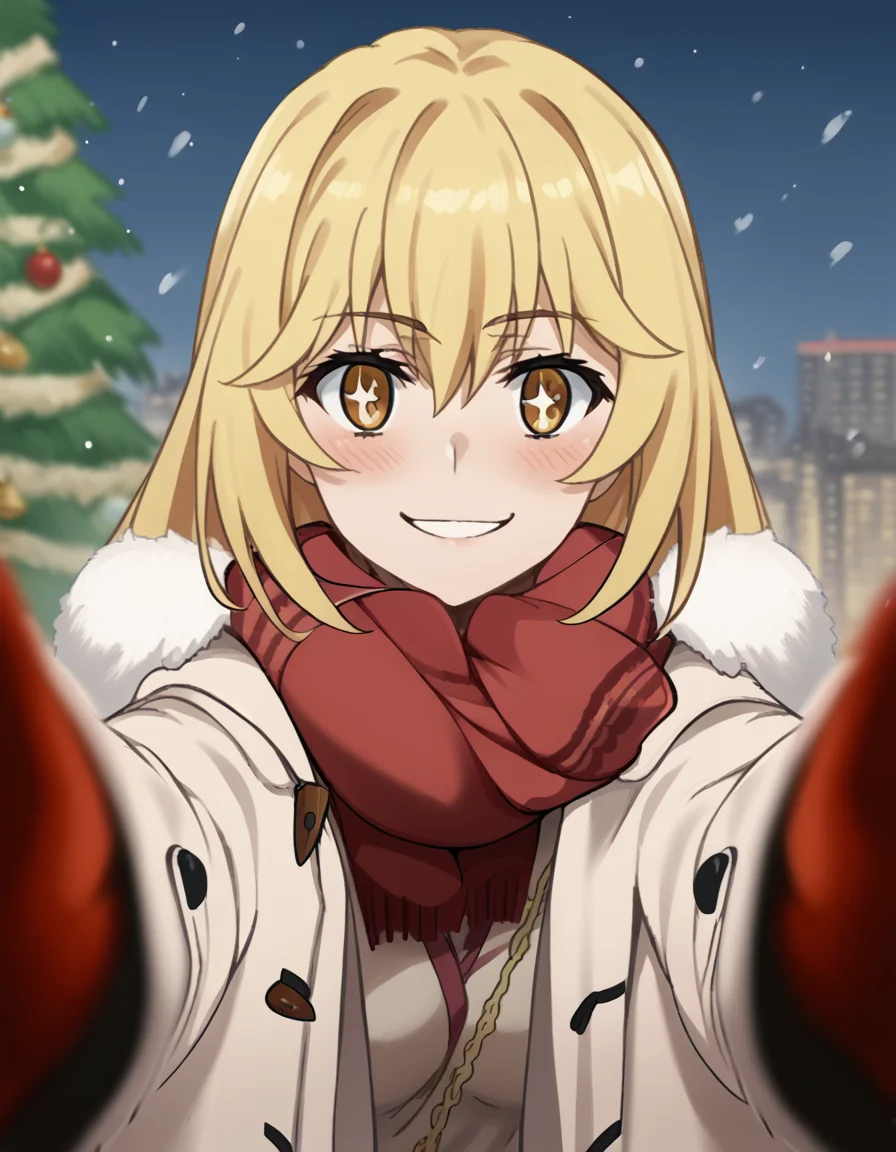 score_9, score_8_up, score_7_up, source_anime, <lora:misaki-shokuhou-s3-ponyxl-lora-nochekaiser:1>, misaki shokuhou, blonde hair, hair between eyes, long hair, symbol-shaped pupils, yellow eyes, large breasts, <lora:pov-cheek-warming-ponyxl-lora-nochekaiser:1>, pov cheek warming, pov cheek warming (meme), winter gloves, duffel coat, fur-trimmed scarf, winter clothes, red mittens, meme, winter coat, red scarf, fur-trimmed coat, reaching towards viewer, reaching, mittens, fur-trimmed hood, white coat, open coat, scarf, coat, red gloves, snowing, pov, fur trim, depth of field, smile, blush,, christmas, christmas tree, christmas lights,,