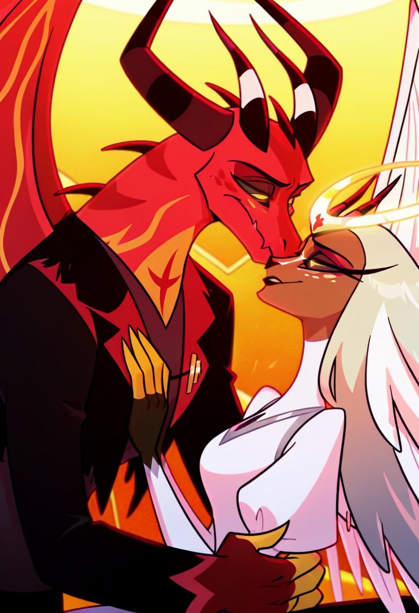 satanhelluvaboss, 1boy, horns, dragon, demon, tattoo, (multiple eyes), four eyes, yellow fingers, wings, sleeveless ,
sera \(hazbin hotel\), sera, dark skin, colored skin, freckles,  white freckles, long eyelashes, makeup, black lips, grey sclera, colored sclera, dark purple pupils, white hair, long hair, halo, glowing halo, wings,  angel wings,  white dress, turtleneck dress,  juliet sleeves, long sleeves, 1boy, 1girl, duo, nice anatomy, perfect, ((couple, romantic)), beatiful eyes,