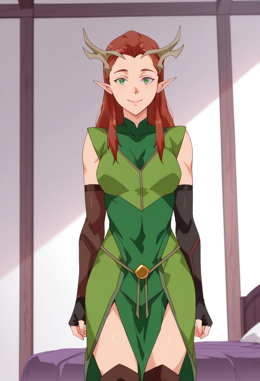 keylethydstl 1girl, solo, pointy ears, green eyes, medium breasts, freckles, elf, antlers, red hair, brown hair, long hair, light skin, light skinned female, Green dress, high boots, brown boots, elbow gloves, black gloves, fingerless gloves, bare shoulders
1 girl, , cowboy shot, smile inside, bedroom, dutch angle, posing 
looking at viewer
nyuu_style