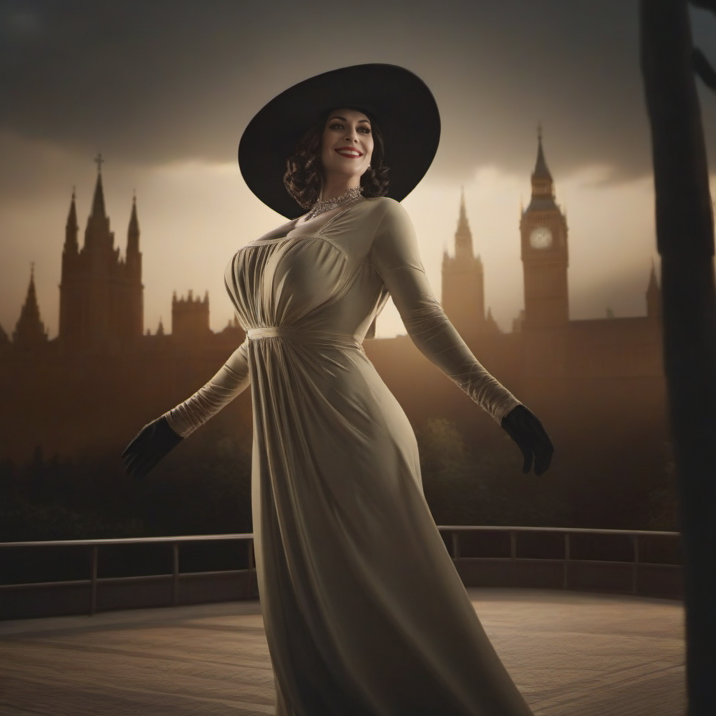 cinematic photo a full body woman with a dress and a hat, large breast, smile <lora:LadyDimitrescu1024:0.8>  . 35mm photograph, film, bokeh, professional, 4k, highly detailed