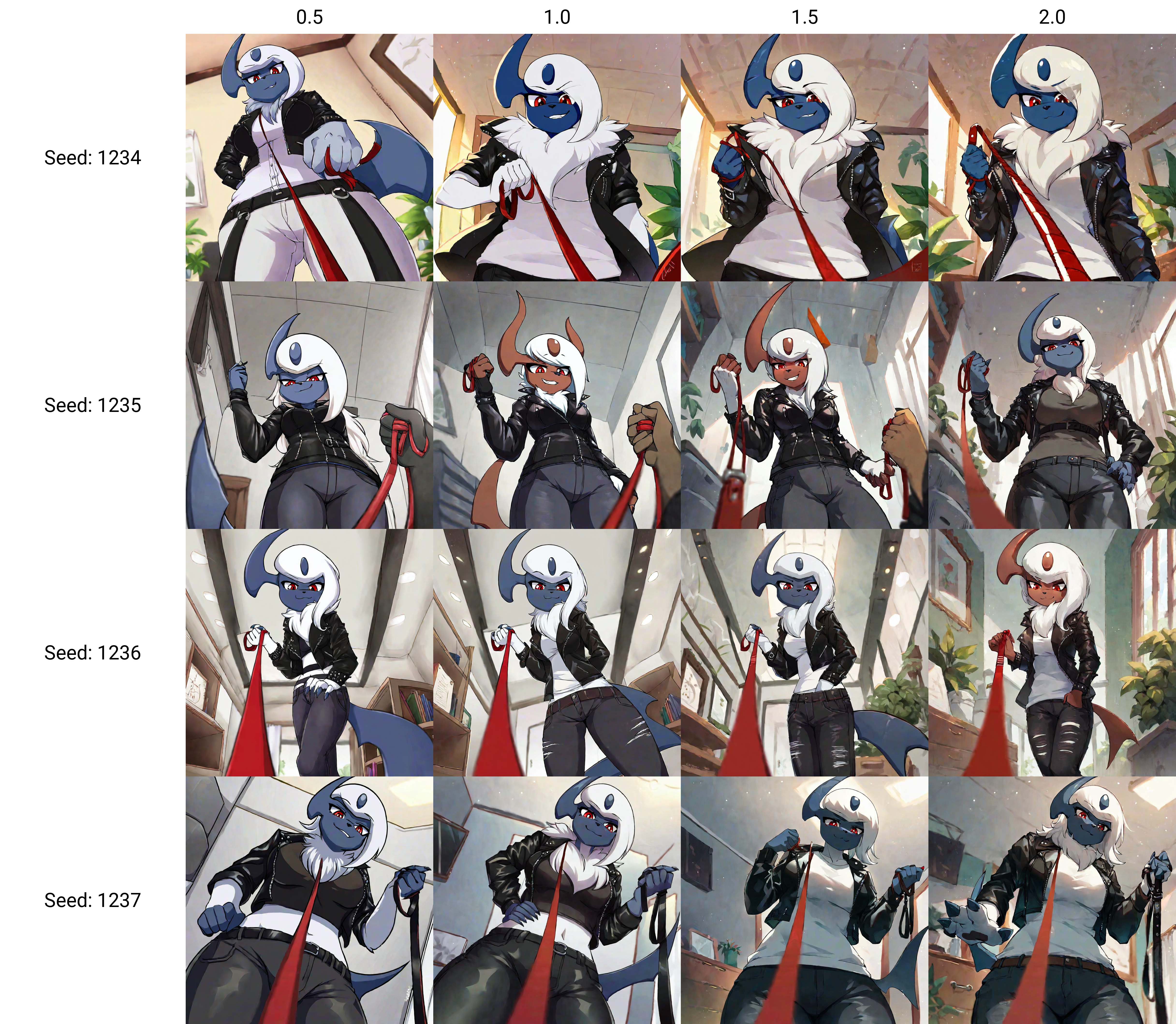 source_furry, rating_safe, absol, anthro, solo focus, female, leather jacket, clothing, pants, leashed pov, looking down, smirk, inside, bedroom, holding leash, red eyes  <lora:Pony_QualityV4.0:0.5>