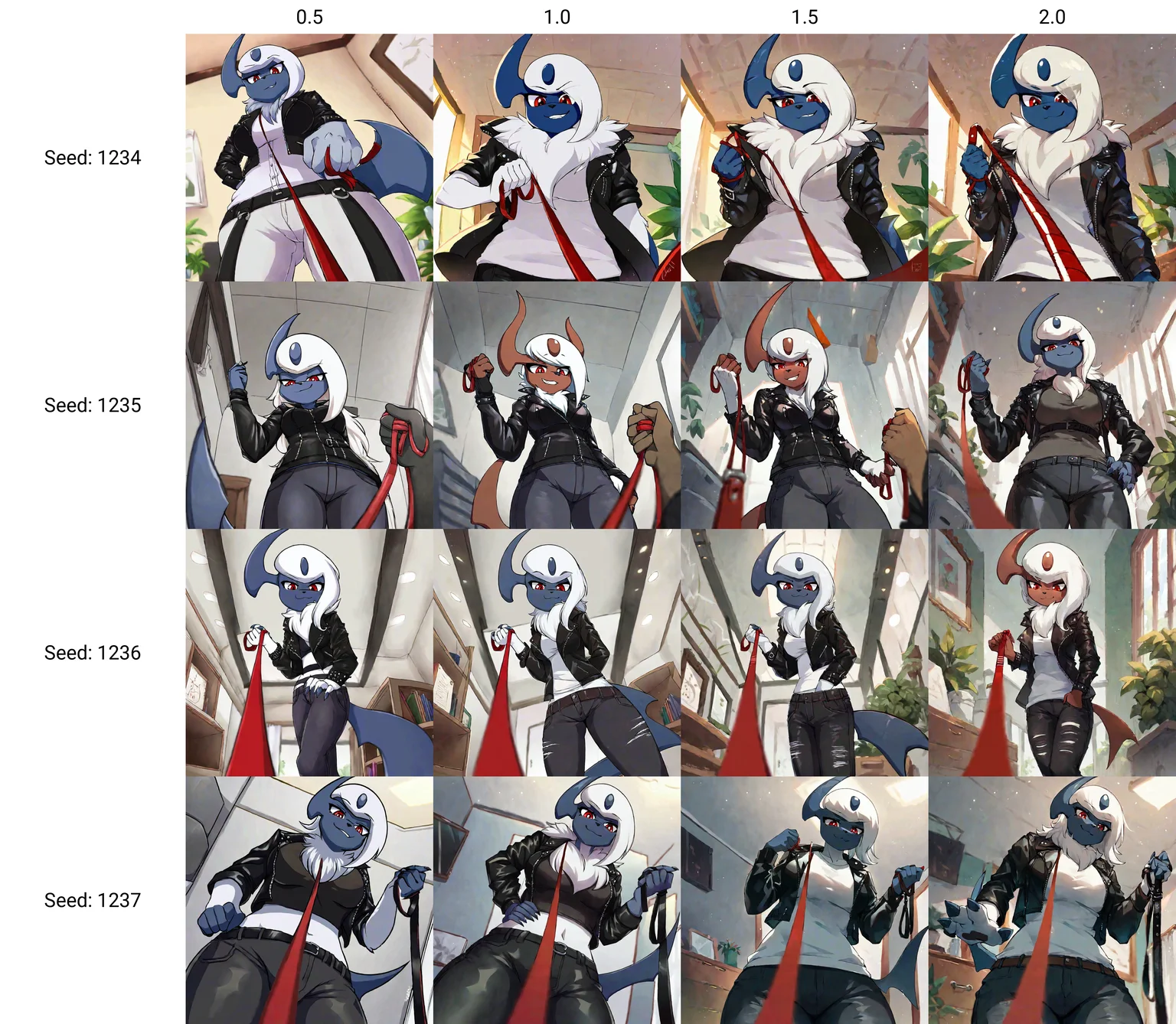 source_furry, rating_safe, absol, anthro, solo focus, female, leather jacket, clothing, pants, leashed pov, looking down, smirk, inside, bedroom, holding leash, red eyes  <lora:Pony_QualityV4.0:0.5>