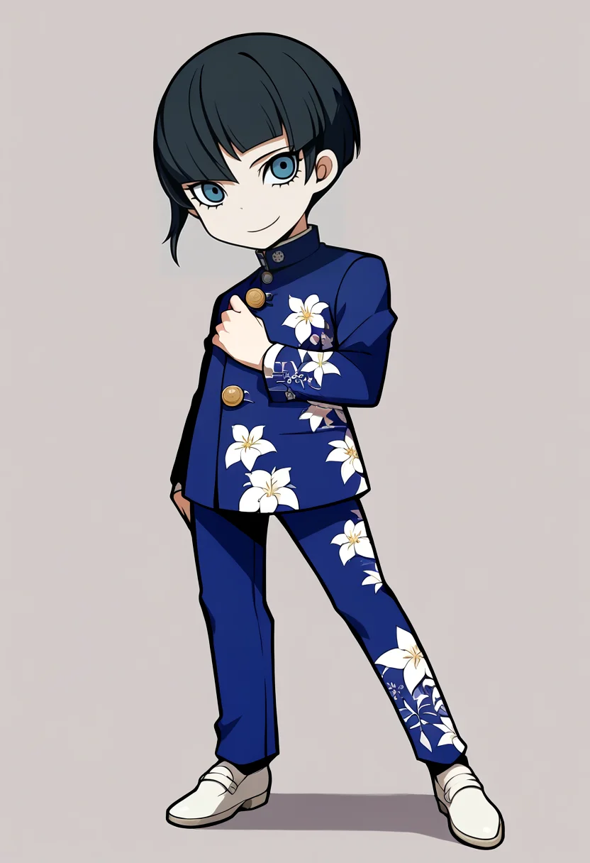 score_9, score_8_up, score_7_up, source_anime, BREAK, solo, 1boy, looking at viewer, smile, <lora:PQ-Style-pdxl_Fp:1>, simple background, full body, chibi, standing, <lora:SmtV-Protag-pdxl_Fp:1>, smtvprotag, bob cut, blunt bangs, black hair, blue eyes, school uniform, blue pants, floral print, long sleeves, single sidelock, androgynous,
